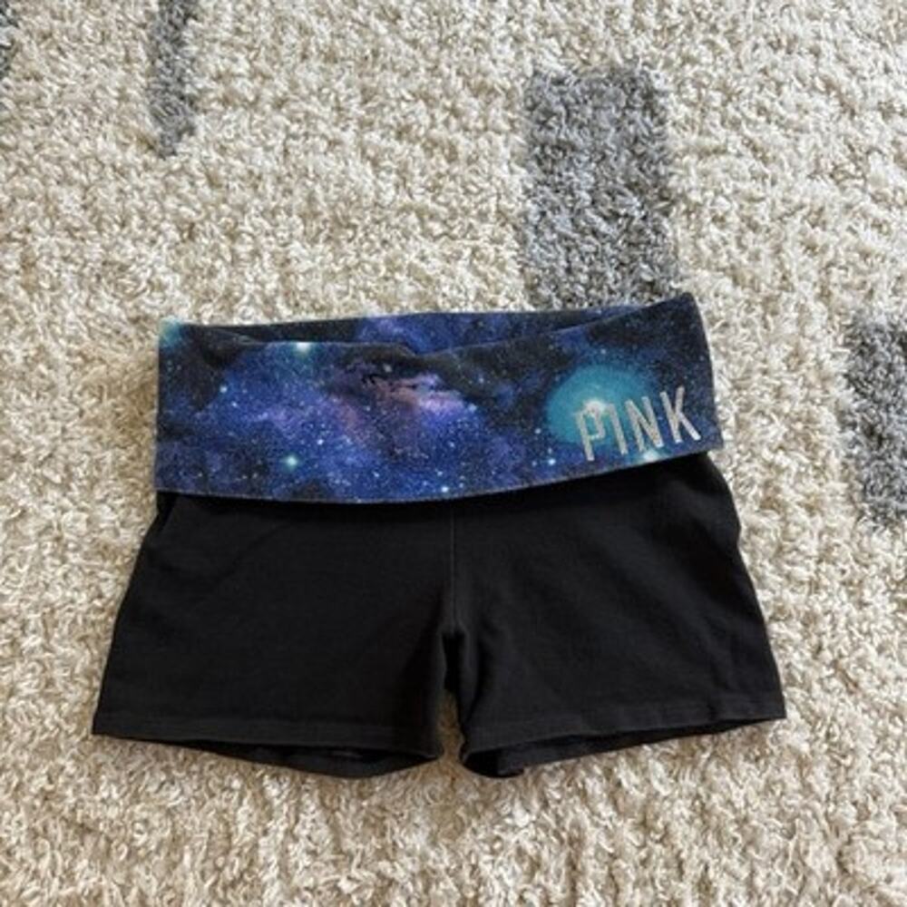 Victorias Secret PINK Womens Black Y2K Fold Over Yoga Shorts Size XS Logo Galaxy